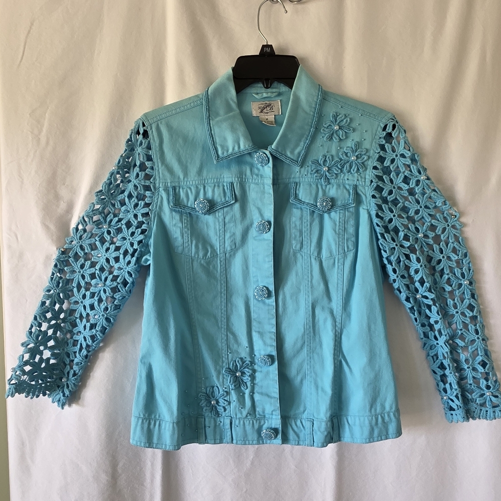 "Just B" Cotton Canvas Jeweled Button Jacket , Heavy Lace Flower & Pearl Sleeves